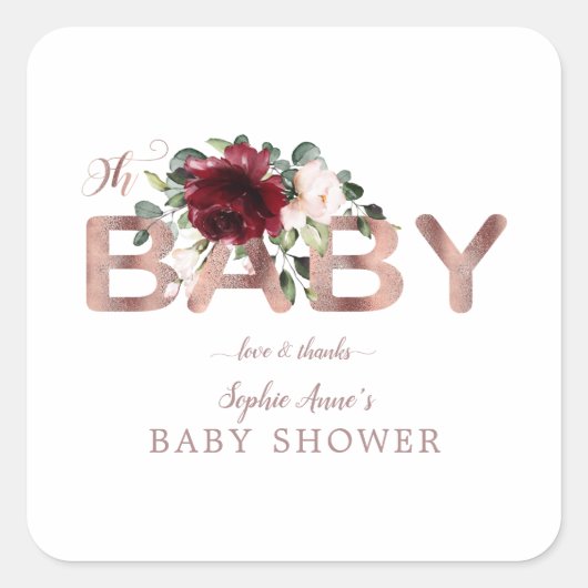 Charm Burgundy Roze Bloem Goud Meisje Baby Shower Vierkante Sticker (Voorkant)