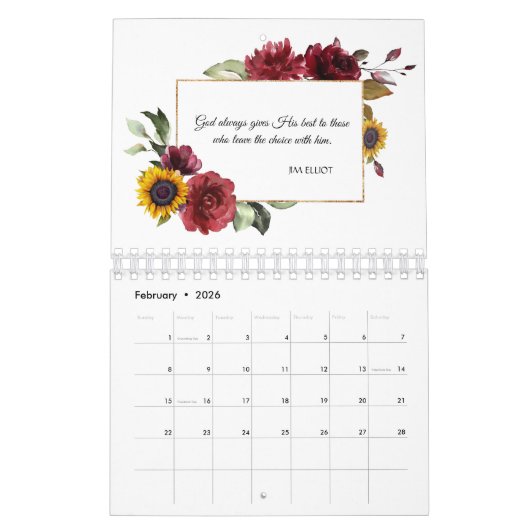 Charm Burgundy Zonnebloemen Inspirerende Quote 202 Kalender (Feb 2026)