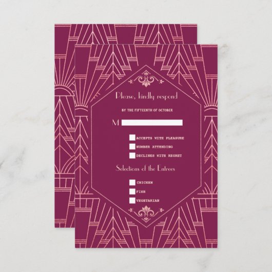 Charm Cooper Rose Great Gatsby Jaren 20 Huwelijk R RSVP Kaartje (Voorkant / Achterkant)