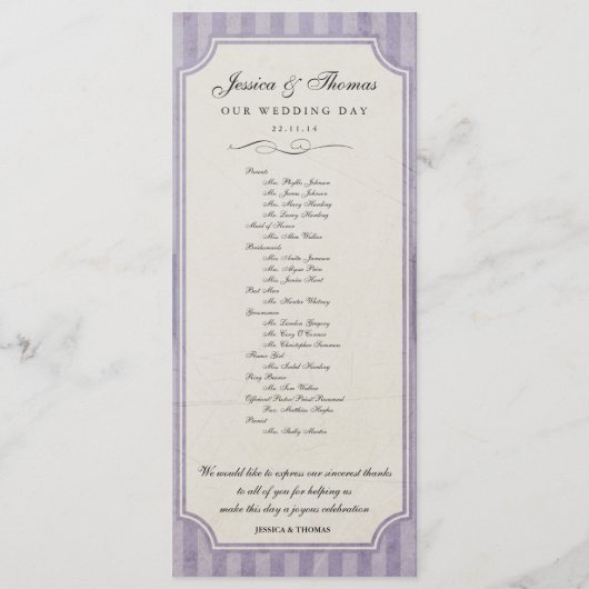 Charm Custom Lila Paars Wedding Program Programmakaart (Achterkant)