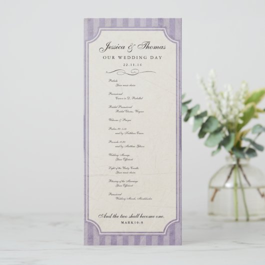  Charm Custom Lila Paars Wedding Program Programmakaart (Staand voorkant)