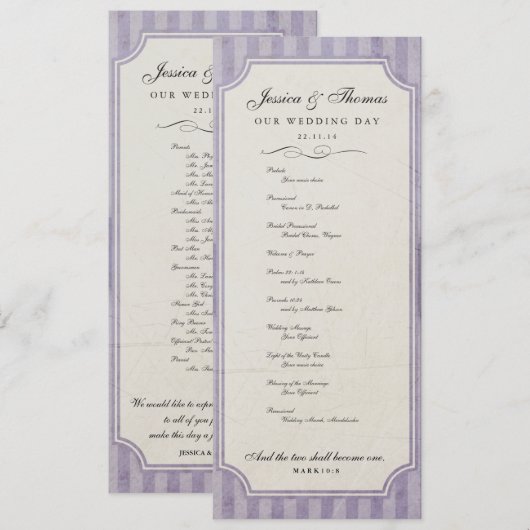 Charm Custom Lila Paars Wedding Program Programmakaart (Voorkant / Achterkant)