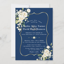 Charm Delicate White Floral Gold Navy Blue Wedding Kaart