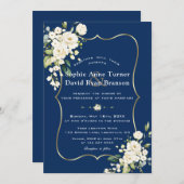 Charm Delicate White Floral Gold Navy Blue Wedding Kaart (Voorkant / Achterkant)