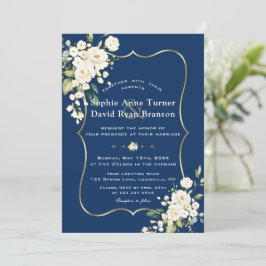 Charm Delicate White Floral Gold Navy Blue Wedding Kaart