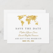 Charm Destination Gold World Map Wedding Save The Date (Voorkant / Achterkant)