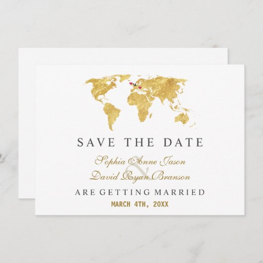 Charm Destination Gold World Map Wedding Save The Date (Voorkant / Achterkant)