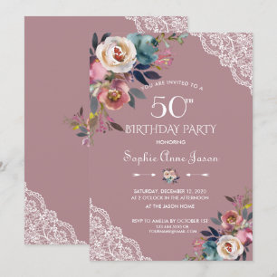 Charm Dusty Blue Dusty Roos Flowers 50th Birthday Kaart
