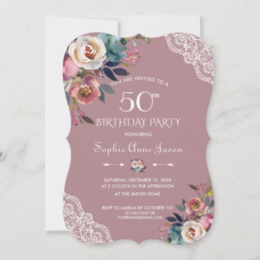 Charm Dusty Blue Dusty Rose Bloemen 50e Verjaardag Kaart (Voorkant)