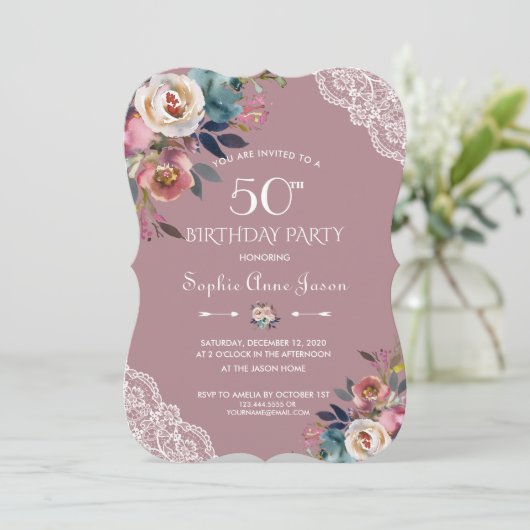 Charm Dusty Blue Dusty Rose Bloemen 50e Verjaardag Kaart (Staand voorkant)