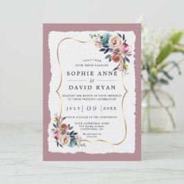 Charm Dusty Blue Flowers Misty Roos Gold Wedding Kaart