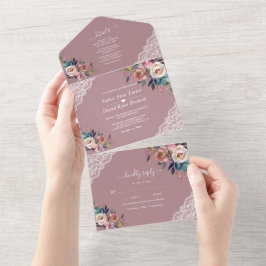 Charm Dusty Blue Misty Roos Flowers Wedding All In One Uitnodiging