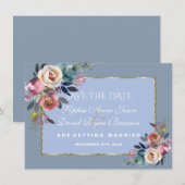 Charm Dusty Blue Misty Roos Gold Lijst Wedding Save The Date (Voorkant / Achterkant)