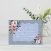 Charm Dusty Blue Misty Roos Gold Lijst Wedding Save The Date (Staand voorkant)