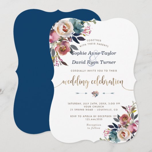 Charm Dusty Blue Pink Floral Bloom Wedding Kaart (Voorkant / Achterkant)
