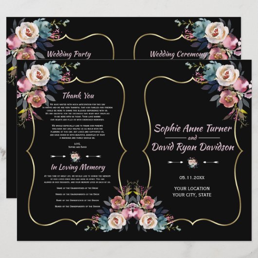 Charm Dusty Blue Pink Flowers Gold Wedding Program (Voorkant / Achterkant)