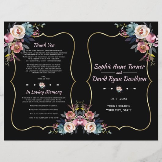Charm Dusty Blue Pink Flowers Gold Wedding Program (Voorkant)