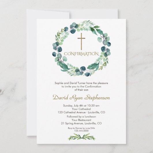 Charm Eucalyptus Foliage Cross Boy Bevestiging Kaart (Voorkant)
