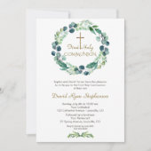 Charm Eucalyptus Foliage Cross Boy Heilige Communi Kaart (Voorkant)