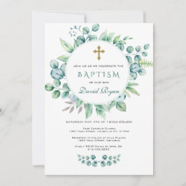 Charm Eucalyptus Greenery Wreath Cross Boy Baptism Kaart