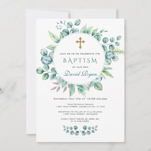 Charm Eucalyptus Greenery Wreath Cross Boy Baptism Kaart (Voorkant)