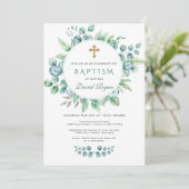 Charm Eucalyptus Greenery Wreath Cross Boy Baptism Kaart (Staand voorkant)