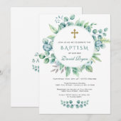Charm Eucalyptus Greenery Wreath Cross Boy Baptism Kaart (Voorkant / Achterkant)