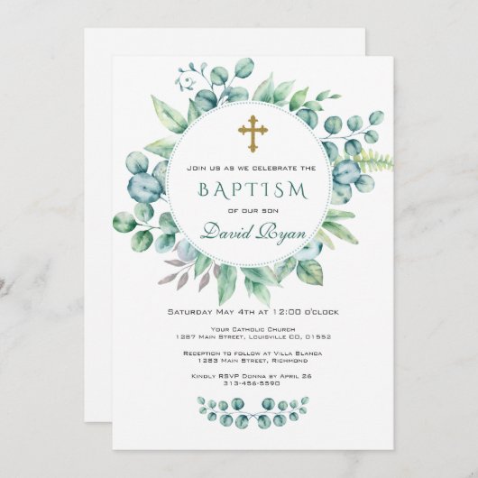 Charm Eucalyptus Greenery Wreath Cross Boy Baptism Kaart (Voorkant / Achterkant)