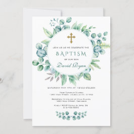 Charm Eucalyptus Greenery Wreath Cross Boy Baptism Kaart