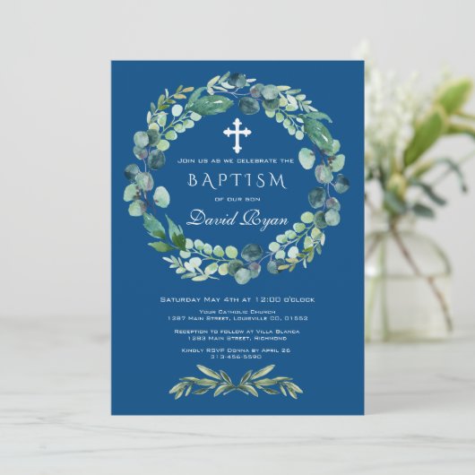 Charm Eucalyptus Loof Classic Blue Boy Doop Kaart (Staand voorkant)