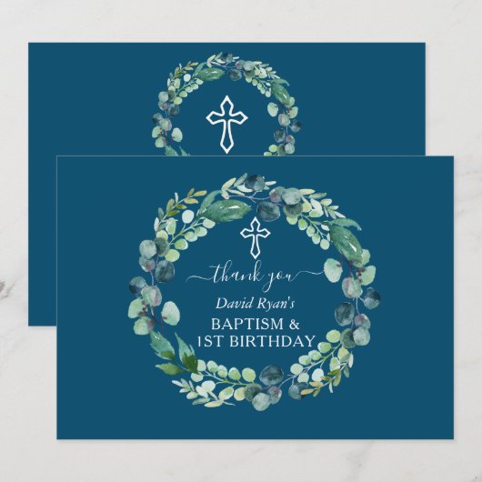 Charm Eucalyptus Wreath Boy Baptisme First Birthda Bedankkaart (Voorkant / Achterkant)