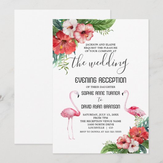 Charm Flamingo Floral Wedding Evening Reception Kaart (Voorkant / Achterkant)