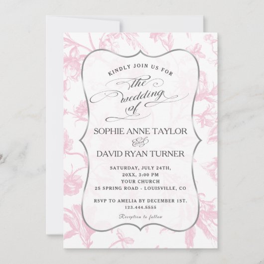 Charm Frans Roze Toile Bloemen Huwelijk Kaart (Voorkant)