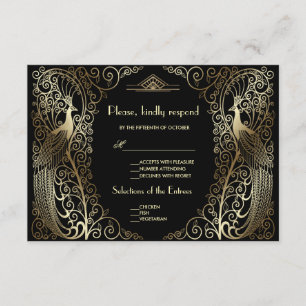 Charm Gold Art Deco Pauwen Huwelijks RSVP Kaartje