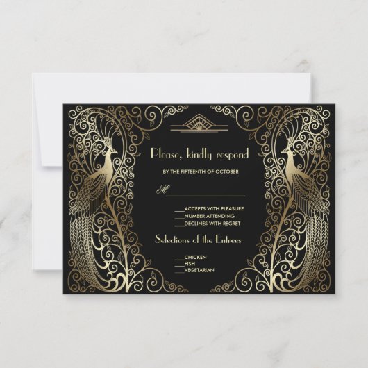 Charm Gold Art Deco Peacocks Wedding RSVP (Voorkant)