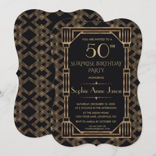 Charm Gold Black Great Gatsby 50th Birthday Party Kaart (Voorkant / Achterkant)