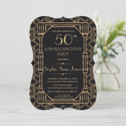 Charm Gold Black Great Gatsby 50th Birthday Party Kaart (Staand voorkant)