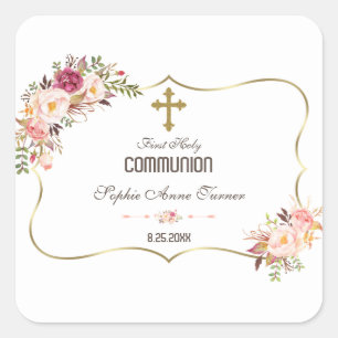 Charm Gold Blush Pink Floral Heilige Communie Vierkante Sticker