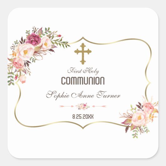 Charm Gold Blush Pink Floral Heilige Communie Vierkante Sticker (Voorkant)