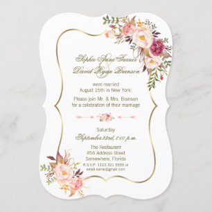 Charm Gold Blush Pink Floral Wedding Evening Kaart