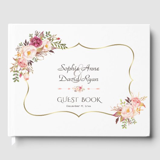 Charm Gold Blush Pink Floral Wedding Gastenboek (Voorkant)