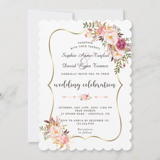 Charm Gold Blush Pink Floral Wedding Kaart (Voorkant)