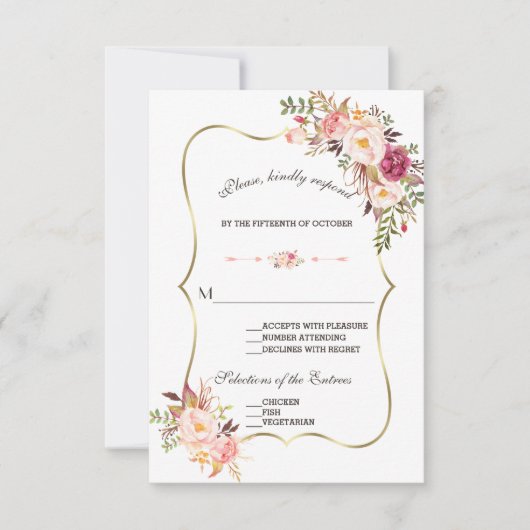 Charm Gold Blush Pink Floral Wedding RSVP (Voorkant)