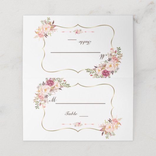 Charm Gold Blush Roze Bloemige Trouwtafel Nummer Plaatskaartje (Buitenkant ongevouwen)