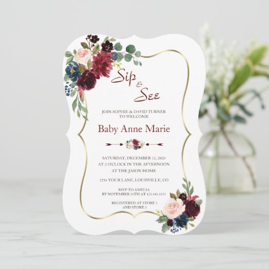 Charm Gold Burgundy Bloemige 'Sip & See' Baby Show Kaart (Staand voorkant)