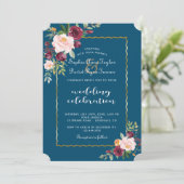 Charm Gold Burgundy Blush Bloom Flowers Wedding Kaart (Staand voorkant)