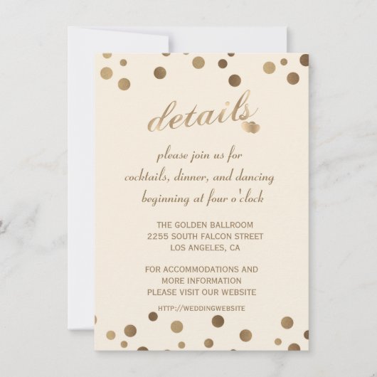 Charm Gold Confetti Champagne Wedding Details Kaart (Voorkant)