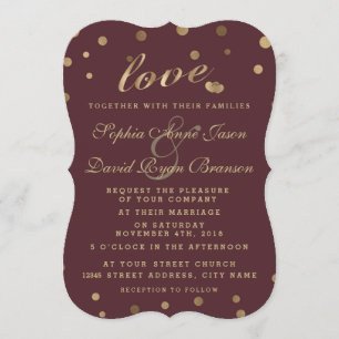 Charm Gold Confetti Love Burgundy Wedding Invite Kaart