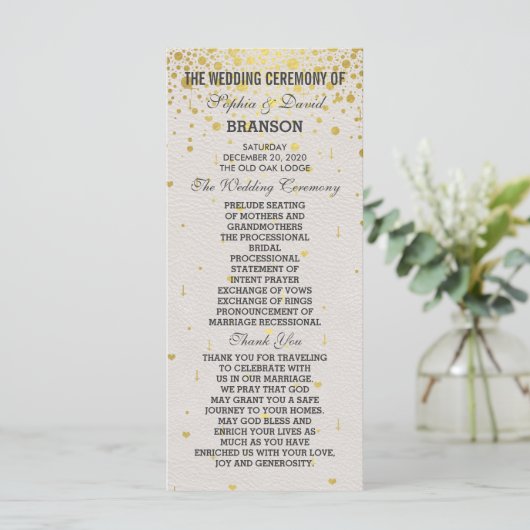 Charm Gold Confetti wit lederen bruiloft programma Programmakaart (Staand voorkant)