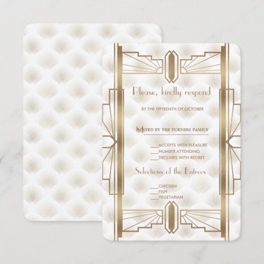 Charm Gold Great Gatsby Art Deco 20s Trouw-RSVP RSVP Kaartje (Voorkant / Achterkant)